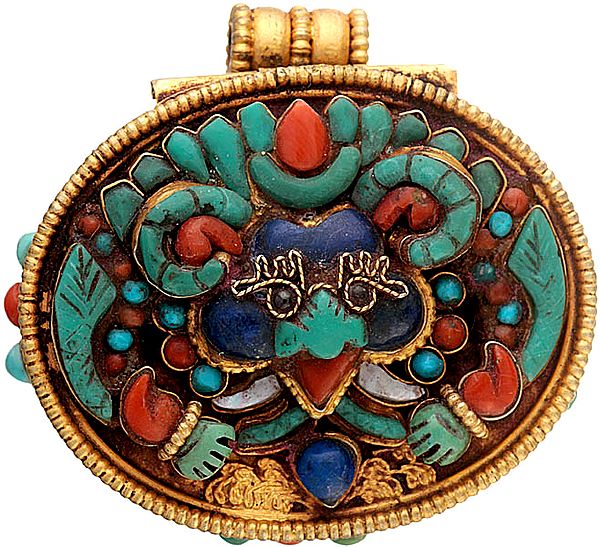 Bodhisattva Manjushri Gau Box Gemstone Gold Plated Pendant with Mahakala at Front (Coral, Turquoise and Lapis Lazuli)