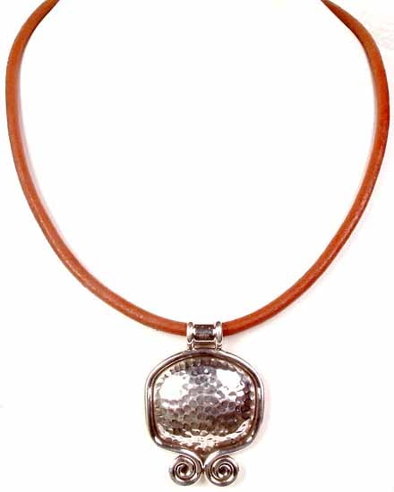 Brown Leather Chord Necklace with Dimpled Pendant