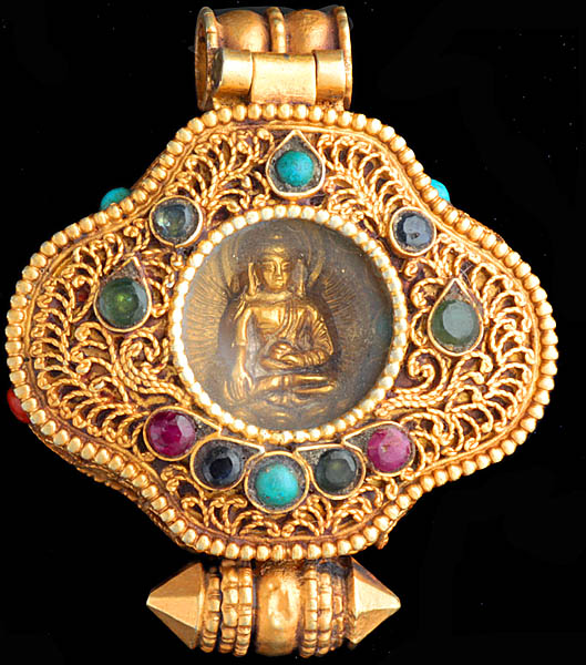 Buddha Gold Plated Gau Box Pendant with Coral, Turquoise, Ruby, Green Tourmaline and Iolite