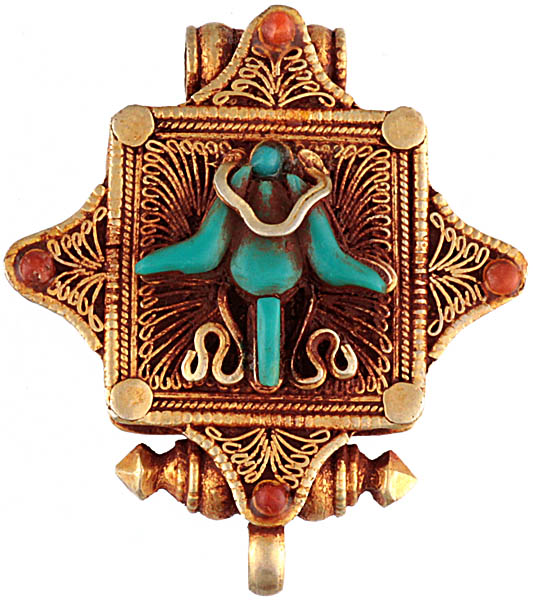 Buddhist Tantric Figure Gau Box Pendant (Carved in Turquoise) with Coral