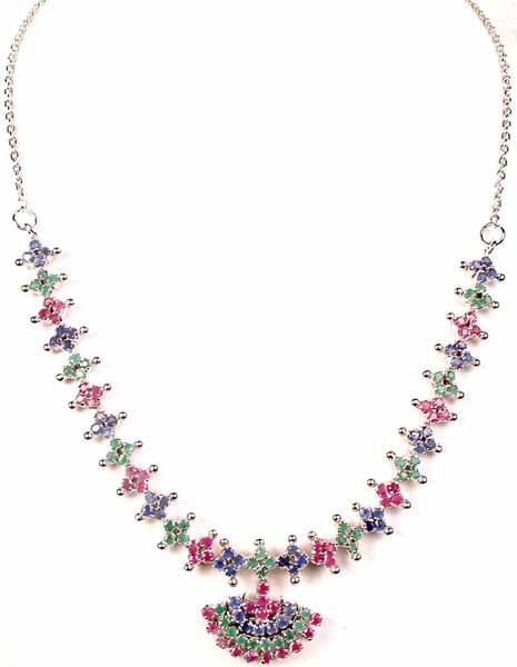 Chandelier Necklace of Fine Cut Ruby, Emerald & Sapphire