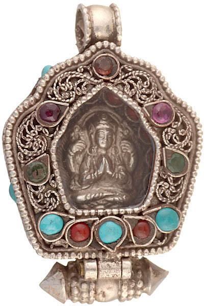 Chenrezig Gau Box Pendant with Filigree, Coral, Turquoise, Emerald and Pink Tourmaline