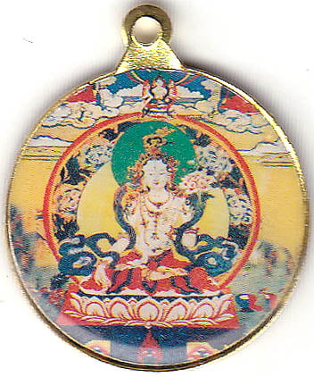 Double-sided Pendant of Goddess White Tara at Front and The Ten Powerful Syllables of The Kalachakra Mantra on Reverse with Red Cord