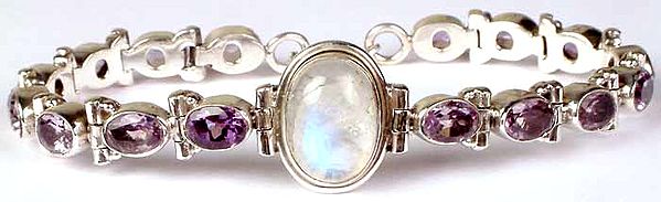 Faceted Amethyst Bracelet with Central Rainbow Moonstone