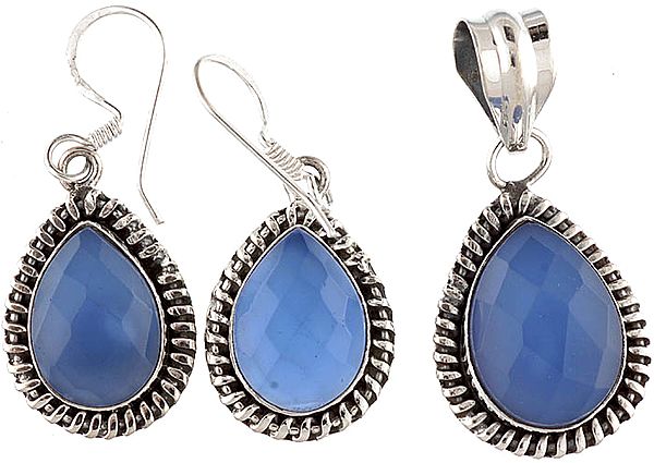 Faceted Blue Chalcedony Pendant with Matching Earrings Set