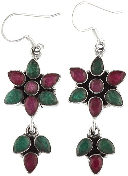 Faceted Emerald and Ruby Flower Earrings