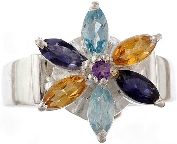 Faceted Gemstone Ring (Blue Topaz, Iolite and Citrine)