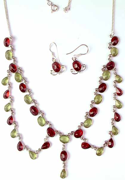 Faceted Peridot and Garnet Necklace and Earring Set