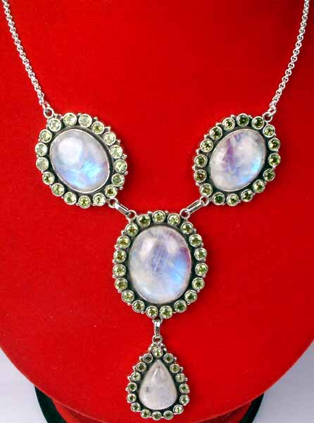 Fiery Rainbow Moonstone Necklace with Faceted Peridots