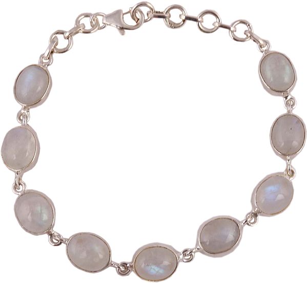 Sterling Bracelet Studded with Oval Rainbow Moonstones