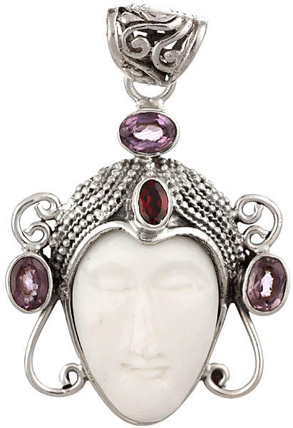 Goddess White Tara Face Pendant (Carved in Stone with Amethyst and Garnet)