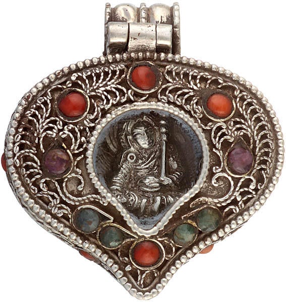 Guru Padmasambhava Gau Box Pendant with Coral, Emerald and Filigree