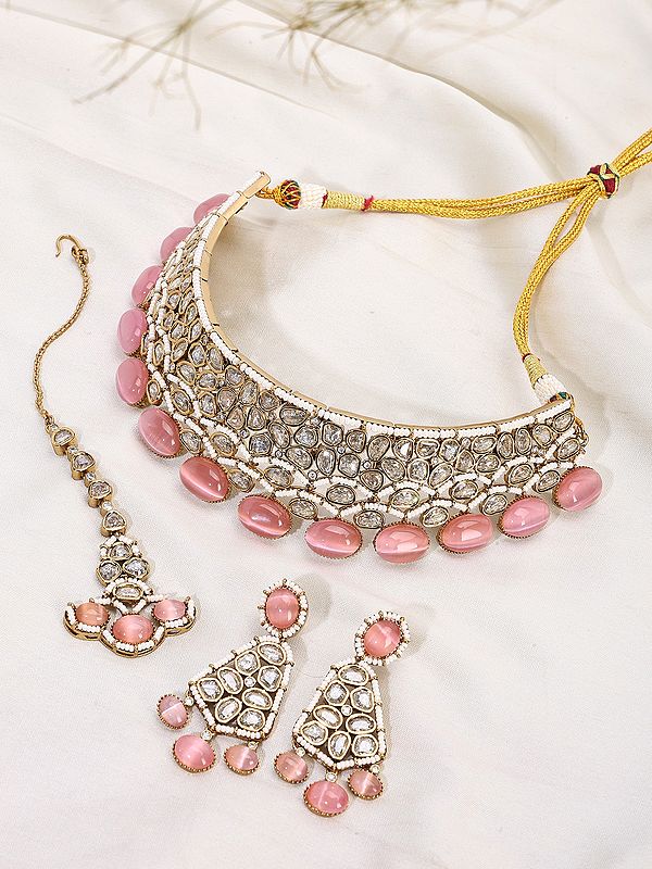 Pink Oval Stone Studded Kundan Bridal Choker Necklace Set with Earrings and Maang Tikka