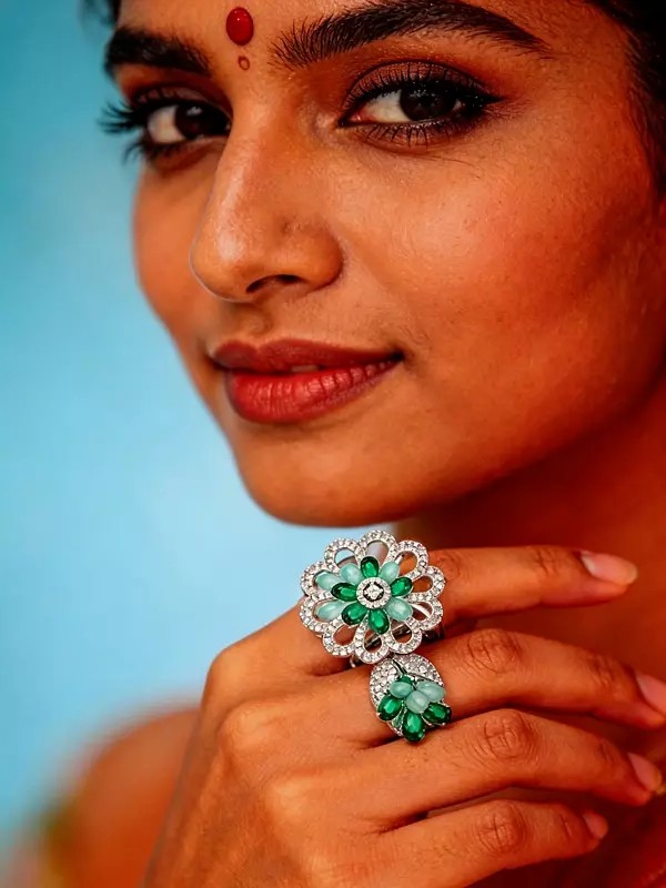 Dual Floral Design American-Diamond Stone Studded Adjustable Ring