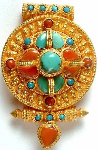 Gold Plated Vishva-Vajra Gau Box Pendant with Turquoise & Coral