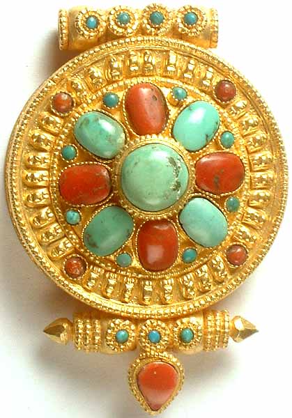 Gold Plated Gau Box Pendant with Gemstone (Coral & Turquoise)