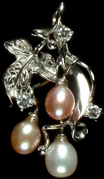 Pearl Pendant with CZ and Sterling Leaves