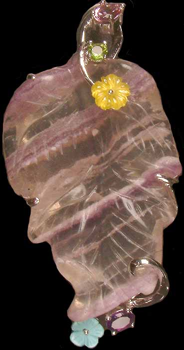 Fluorite Carved Leaf Pendant with Gemstones (Tourmaline, Peridot, Yellow Chalcedony, Amethyst and Turquoise)