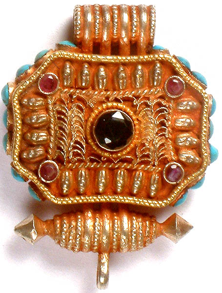 Buddhist Gau Box Pendant with Turquoise, Ruby, Garnet and Filigree