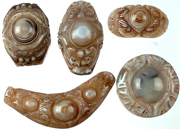 Lot of Five Carved Evil Eye Onyx Beads