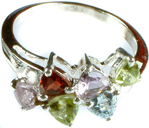 Fine Cut Gemstone Finger Ring (Amethyst, Garnet Peridot and Blue Topaz)