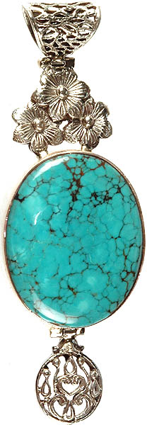 Spider's Web Turquoise Pendant with Blooming Flowers