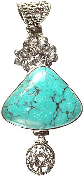 Spider's Web Turquoise Triangular Pendant with Blooming Flowers