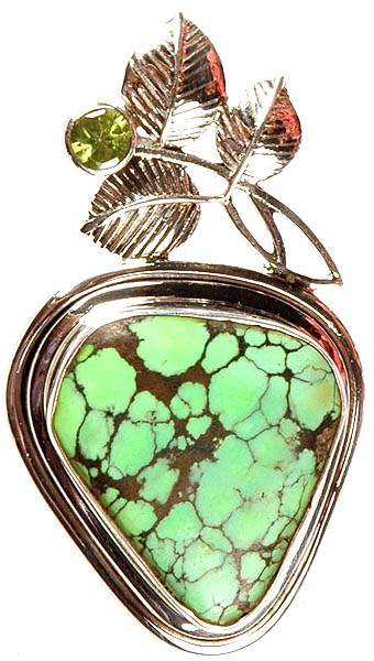 Turquoise Pendant with Peridot and Sterling Leaves