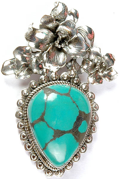 Turquoise Pendant with Sterling Flowers