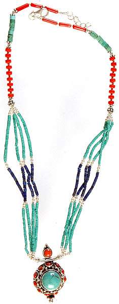 Triple Gemstone Necklace (Turquoise, Lapis Lazuli and Coral)
