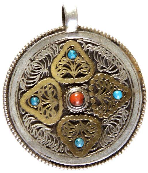 Double-sided Mandala Filigree Pendant with Coral and Turquoise