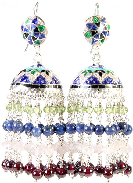 Gemstone Meenakari Earrings (Peridot, Lapis Lazuli, Smoky Quartz and Garnet)