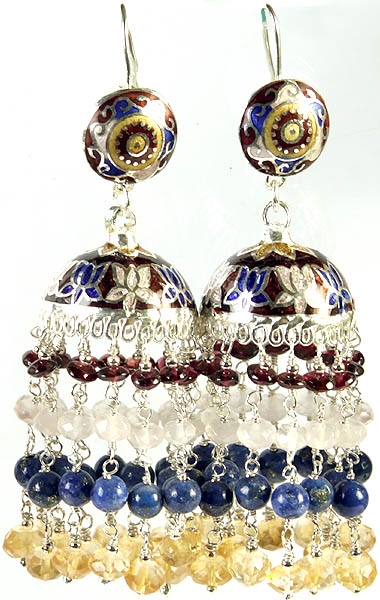 Gemstone Meenakari Earrings (Garnet Lapis Lazuli and Citrine)