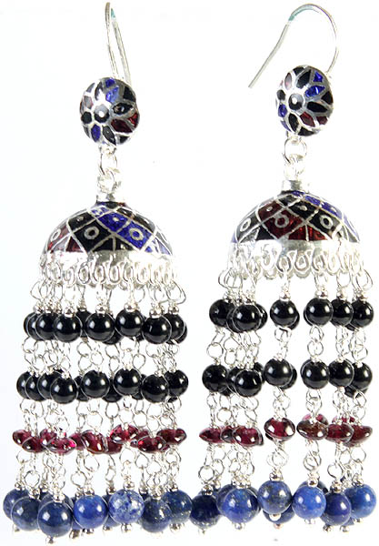 Meenakari Earrings with Gemstones (Black Onyx, Garnet and Lapis Lazuli)