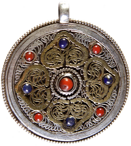 Nepalese Filigree Double-sided Mandala Pendant with Coral, Lapis Lazuli and Turquoise