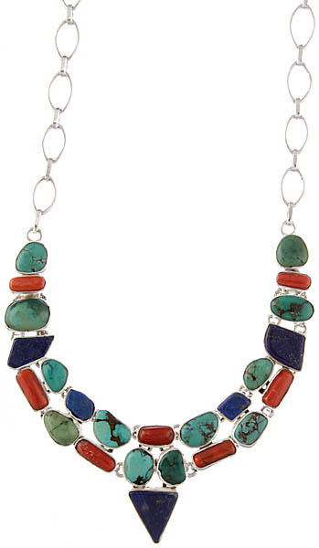 Triple Gemstones Necklace - Lapis Lazuli, Turquoise and Coral