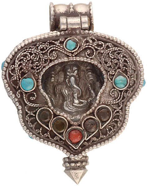 Lord Ganesha Gau Box Pendant with Coral, Turquoise, Garnet and Filigree