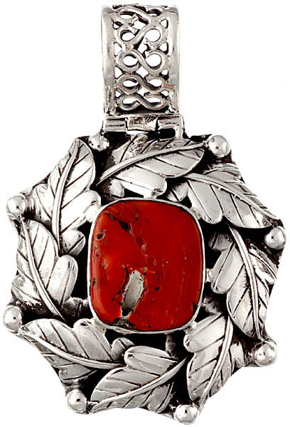 Coral Pendant with Sterling Leaves