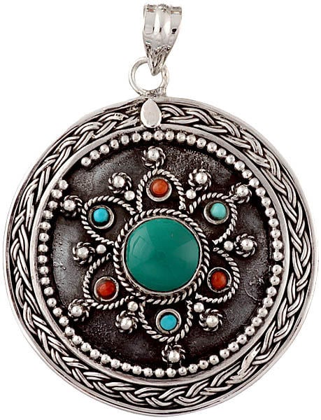 Turquoise and Coral Shield Pendant