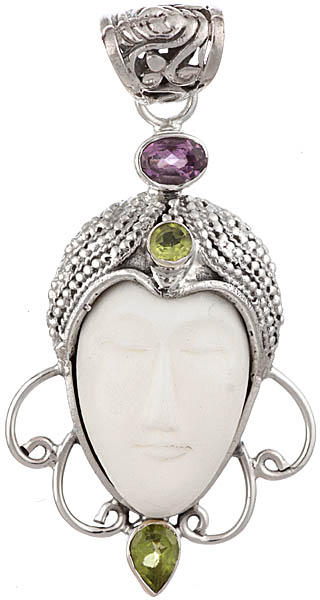 Goddess White Tara Face Pendant with Faceted Amethyst and Peridot