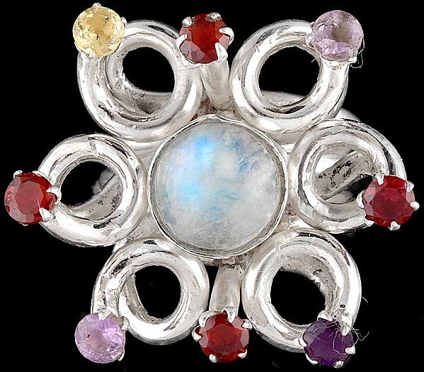 Gemstone Ring (Rainbow Moonstone, Garnet, Amethyst, Iolite and Citrine)