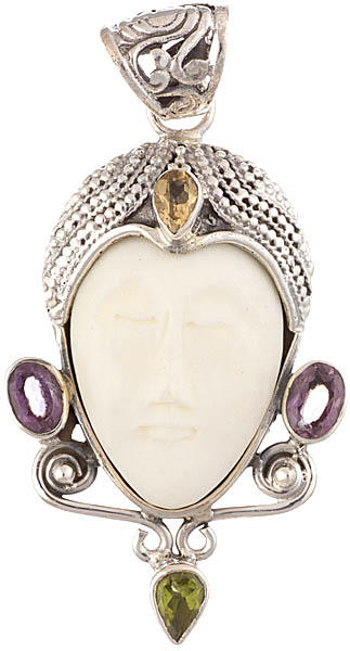 Goddess White Tara Face Pendant (Carved In Stone with Citrine, Amethyst and Peridot)