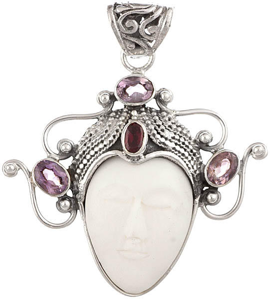 Goddess White Tara Face Pendant (Carved In Stone with Amethyst and Garnet)