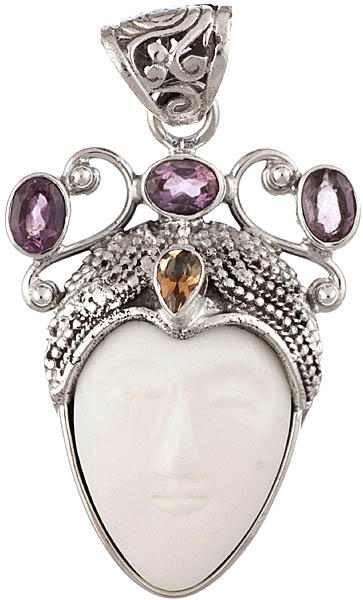 Goddess White Tara Face Pendant (Carved In Stone with Amethyst and Citrine)