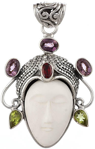 Goddess White Tara Face Pendant (Carved In Stone with Amethyst, Garnet and Peridot)