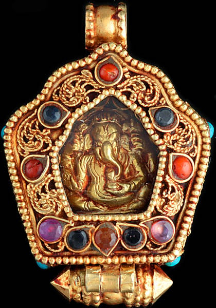 Lord Ganesha Amulet Box Gold Plated Pendant with Coral, Black Tourmaline, Ruby and Turquoise