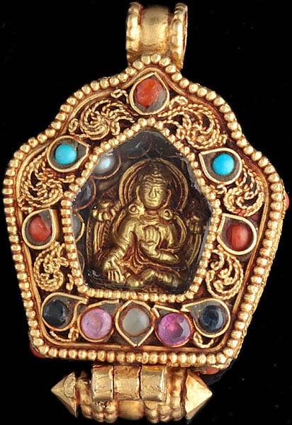 Goddess Green Tara Gold Plated Gau Box Gemstone Pendant (Coral, Ruby, Turquoise, Pearl and Opal)