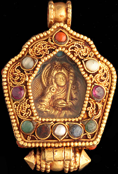Padmasambhava Gold Plated Gau Box Pendant with Coral, Emerald, Pink Tourmaline and Filigree
