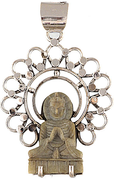 Preaching Buddha Pendant (Carved in Gray Stone from Bihar with Labradorite)