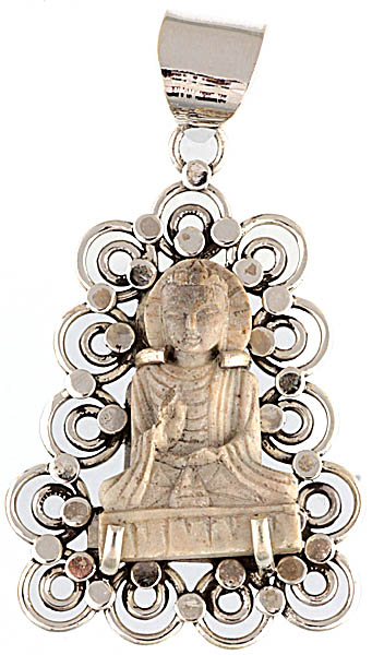 Blessing Buddha Pendant (Carved in Gray Stone from Bihar with Labradorite)